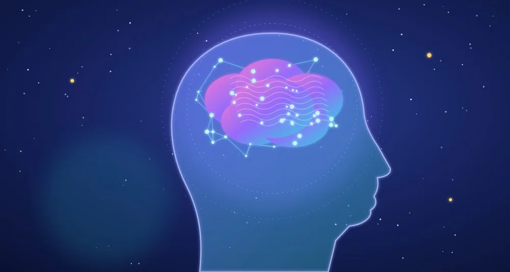 Illustration of a human head with a glowing brain and neural connections